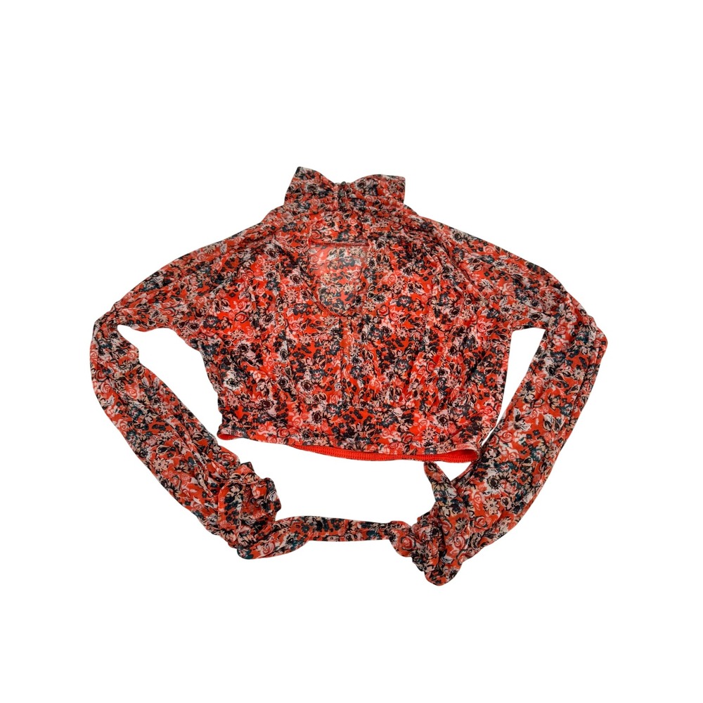 Free People Mesh Floral Mock Neck Crop Top XS Sheer Ruched Sleeve - Picture 4 of 9